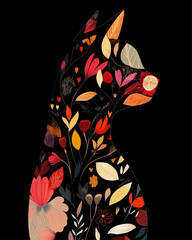 Artistic silhouette of a cat, filled with abstract floral and leaf elements.
