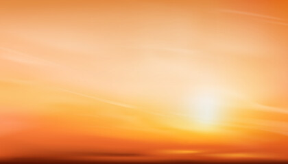 Fototapeta premium Sunset Sky,Cloud background.Autumn with orange,yellow sky sunrise over beach,Vector Nature Winter sunlight in evening,Banner cartoon landscape sunny day in summer by the sea