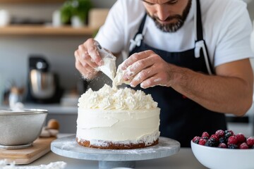 A chef expertly finishes a cake with a generous topping of whipped cream and a mix of berries, meticulously crafting a visually appealing dessert in the kitchen.
