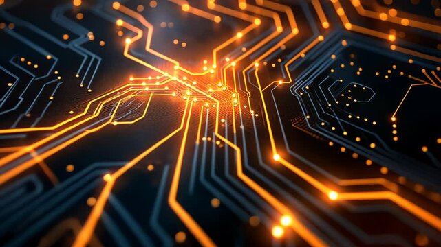 Glowing orange lights on electronic circuit board pathways. High-resolution digital artwork. Technology and computing concept. Wallpaper High-resolution digital art.
