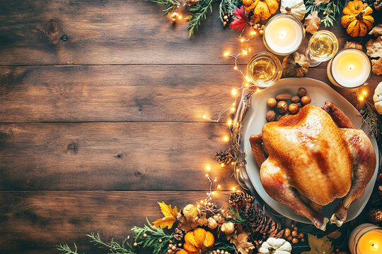 Background with golden-brown roasted Thanksgiving turkey on a rustic wooden table with autumn decor and candles. Top view. Spase for text.