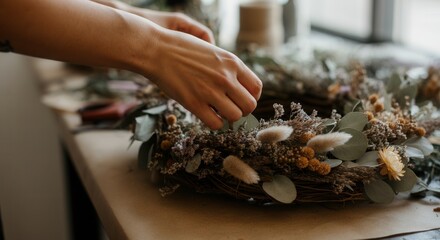 Artisan creating natural dried flower wreath on wooden table