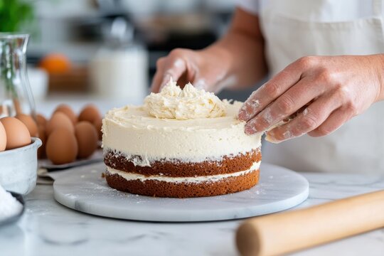 The image captures a person simply decorating a rustic cake with icing, surrounded by tools and ingredients, emphasizing craft, focus, and patience in baking.