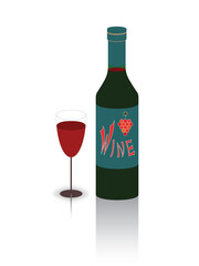 Red wine on white background. Illustration of glass and bottle with red wine