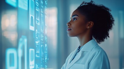 A side profile of a Black female doctor in a modern clinic, analyzing a floating hologram of patient health metrics with a focused expression