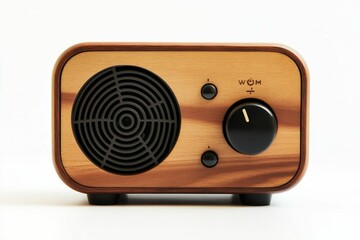 Wooden speaker with black controls.