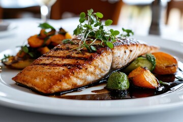 A perfectly grilled salmon fillet enhanced with vibrant vegetables and freshly cut herbs, delivering a delightful blend of flavors for a pleasurable dining experience.