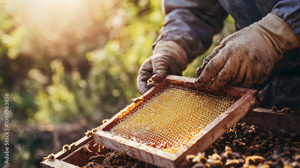 Poster beekeeper in protective gloves holding a honeycomb frame with bees in an apiary