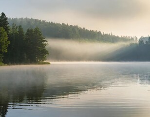 Fototapeta premium Misty Morning on a Tranquil Lake With Rolling Fog Hovering Over the Water and a Distant Forest Just Visible Through the Hazy Light of Dawn