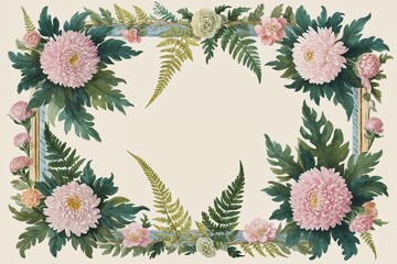 Vintage Watercolor Frame with Antique Pastel Chrysanthemums and Ferns Illustration