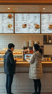 Customers ordering food at digital menu in fast food restaurant