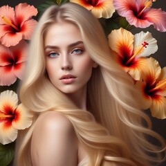 Naklejka premium Blondine mit Hibiskusblüte in den Haaren