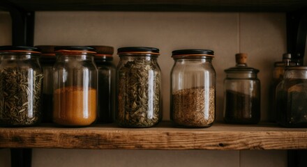 Rustic kitchen shelf with assorted spice jars