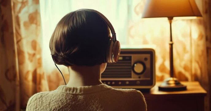 A vintage back portrait of a Woman listening to vintage radio with headphones in a retro room, evoking a sense of nostalgia for old times.