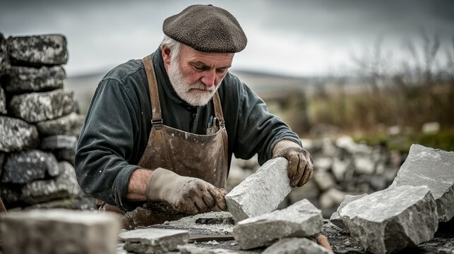 Irish stone mason at work in County Clare landscape