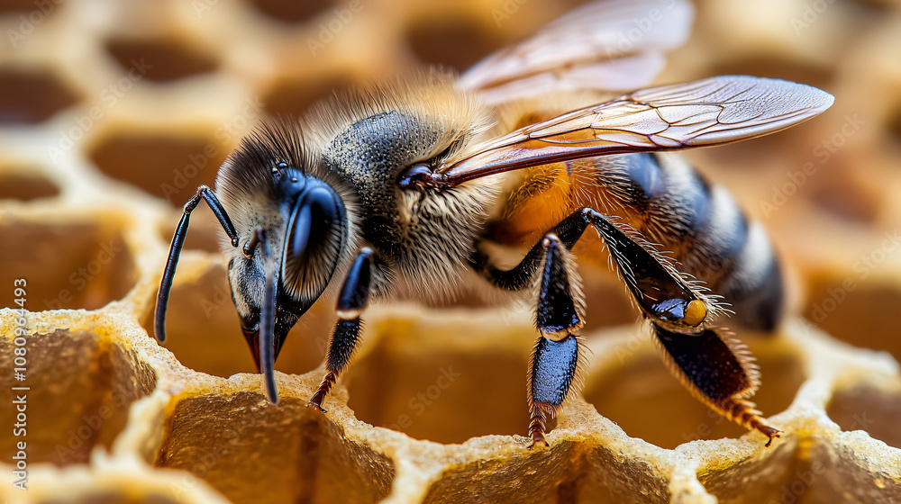 Poster honey bee tends to its duties on a honeycomb within the hive