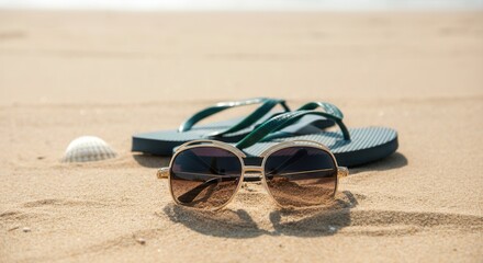 Sun-soaked beach essentials featuring flip-flops sunglasses on sandy shore