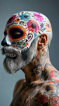 Tattooed mature man with catrin makeup celebrating day of the dead