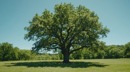 Fototapeta premium A large, leafy tree stands alone in a sunny, green field.