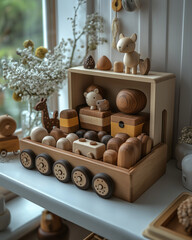 Handmade wooden toys, including a carved train, blocks, and animal figurine, finished with natural oil and packaged in a kraft paper box with recycled padding, high-resolution on white background.