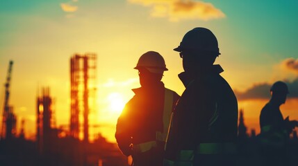 Fototapeta premium Silhouette of an engineer and construction team working at a site with a blurred sunset pastel background for an industrial theme.