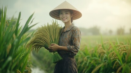 Obraz premium Vietnamese female rice farmer portrait in Mekong Delta 169 ratio