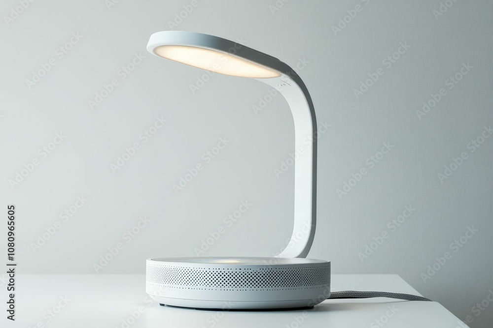 Poster white lamp with round base on table.