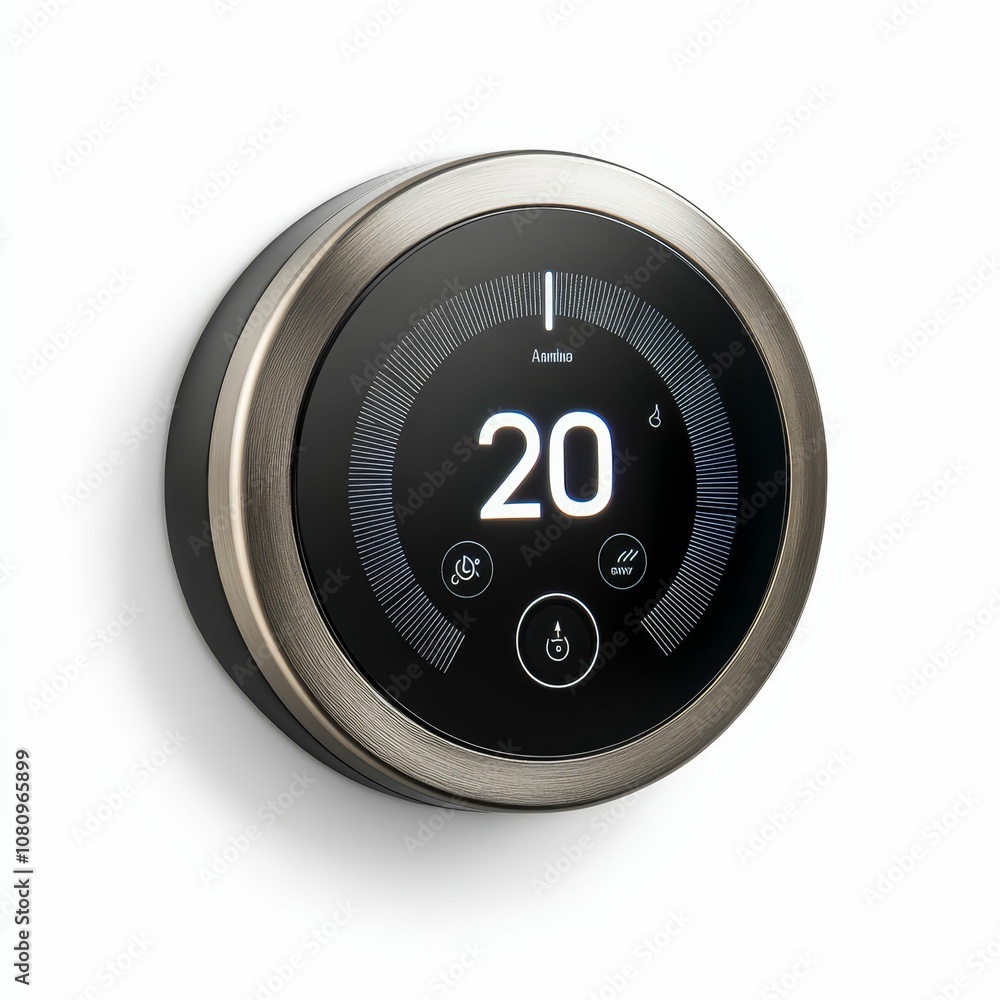 Poster round digital thermostat with a setting of 20 degrees.