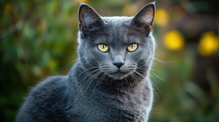 Gray cat sitting calmly with a focused and serene expression.