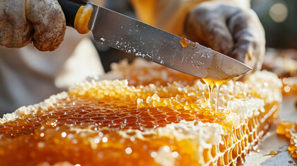 Close-up of a beekeeper using a knife to uncap a honeycomb, with honey dripping down
