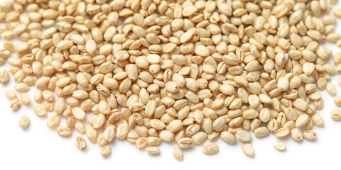 Fototapeta premium Close-up view of sesame seeds isolated on a white background, showcasing their small size, oval shape, and light beige color, sesame seeds, cooking