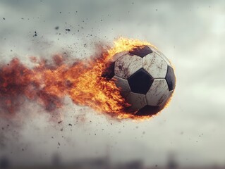 Naklejka premium A soccer ball engulfed in flames, flying through the air, dramatic action shot, highspeed motion