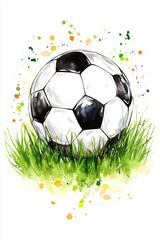 Fototapeta premium A colorful watercolor depiction of a soccer ball on a grassy field.