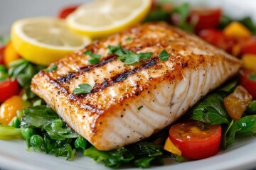 A beautifully grilled salmon fillet garnished with fresh parsley and a lemon slice, resting on a vibrant bed of mixed greens and juicy cherry tomatoes, invitingly arranged.