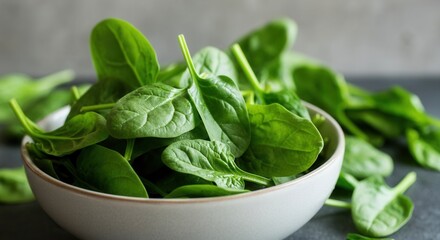 Fresh spinach leaves in ceramic bowl on grey background