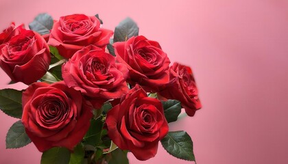 Obraz premium Lush Valentine's Day Bouquet of Crimson Red Roses on Soft Pink Background. Romantic Expression of Love, Passion, and Affection for Valentine's Day Gift Ideas or Digital Greetings