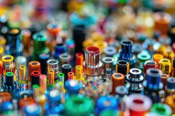 Colorful metal gears and tubes in a close-up shot with a shallow depth of field.