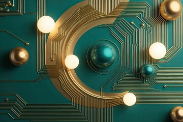 Contemporary Abstract Landscape with Gold Teal Circuit Accents and Glowing Spheres