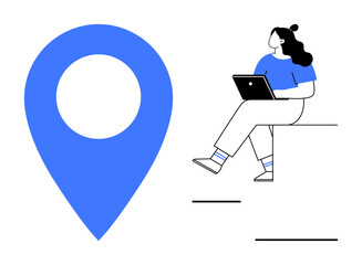 Woman holding laptop while sitting on stairs next to large blue location pin. Ideal for technology, navigation, remote work, freelancing, travel, digital nomad, online education. Line metaphor