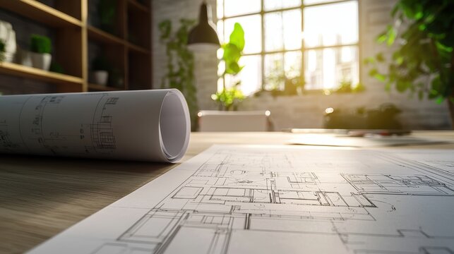 Architect rolls and architectural plan with technical project drawings, highlighting a professional planning and design environment.