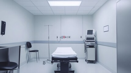 A sterile hospital examination room with medical equipment arranged in a corner, white walls, and an empty bed 