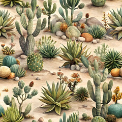 Obraz premium Tea-Colored Desert Cactus Seamless Pattern. Perfect for: Desert-themed decor, nature exhibits