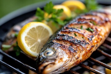 A savory grilled fish on a barbecue grill accompanied by fresh lemon slices, showcasing a delectable dining experience for lovers of outdoor grilling and fine cuisine.