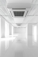 White room with AC units and reflective floor.