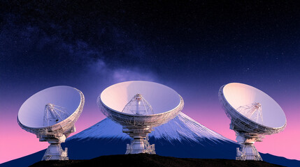 Cosmic Discovery: Three radio telescopes stand majestically against a breathtaking twilight sky, with a majestic mountain silhouetted in the background.