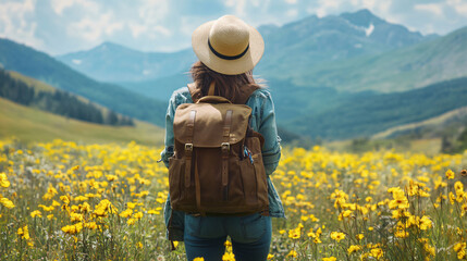 Woman in a straw hat and backpack gazes at a mountain range from a field of wildflowers