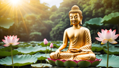 Obraz premium Thai golden Buddha statue and lotus flower. heaven background