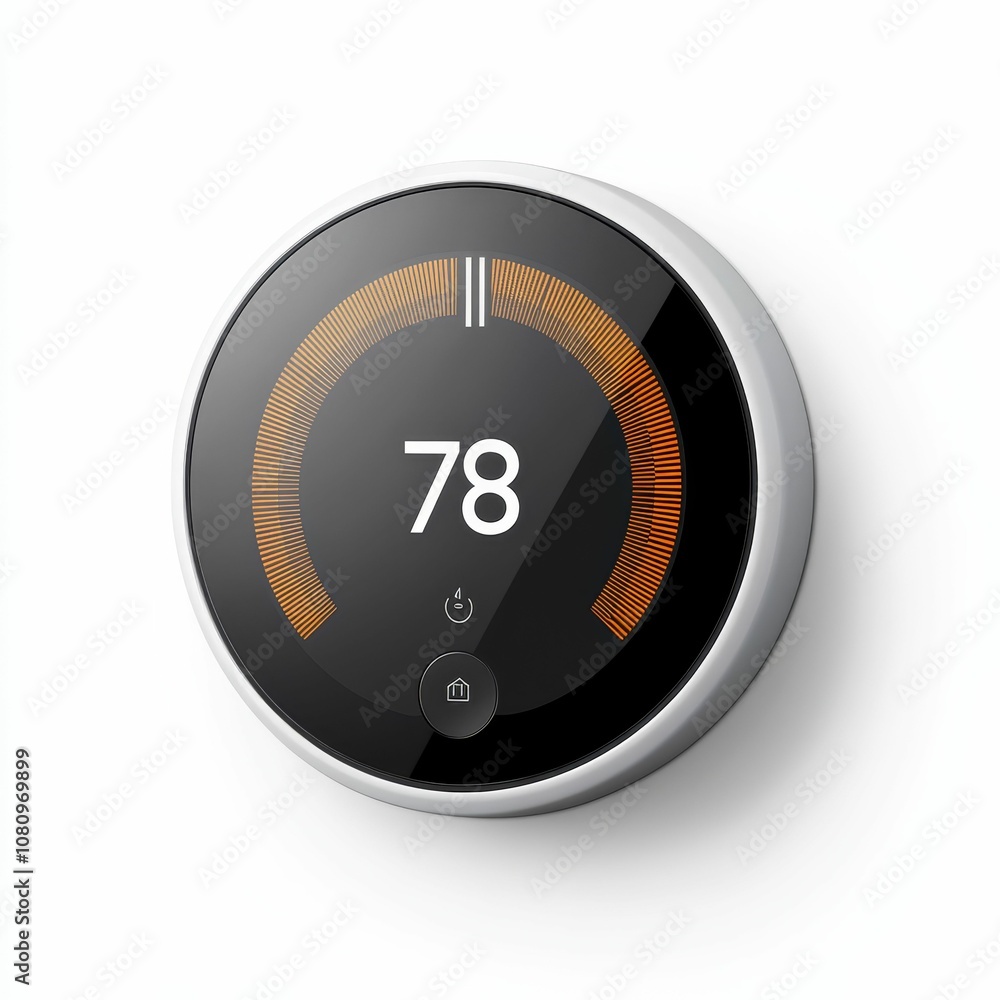 Poster round thermostat with digital display showing 78 degrees.