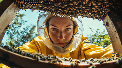 Beekeeper in protective gear examines a honeycomb frame swarming with bees