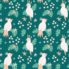 Torpical Jungle Cockatoo Seamless Vector Pattern